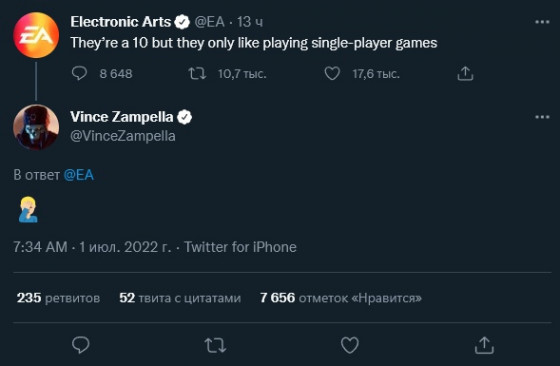 EA раскритиковали в сетях за неудачную шутку про одиночные игры — WorldGameNews EA раскритиковали в сетях за неудачную шутку про одиночные игры — WorldGameNews